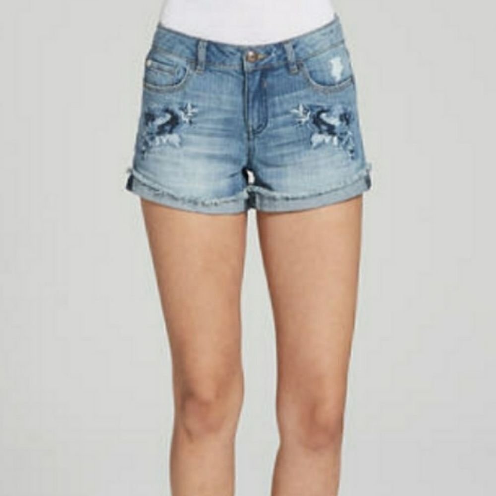 Adam Levine Mid Rise Floral Embroidered Jean Shorts